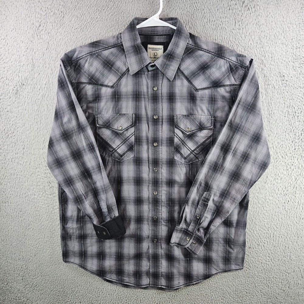 Panhandle Rough Stock Mens Grey Plaid Western Snap Shirt Size L‎